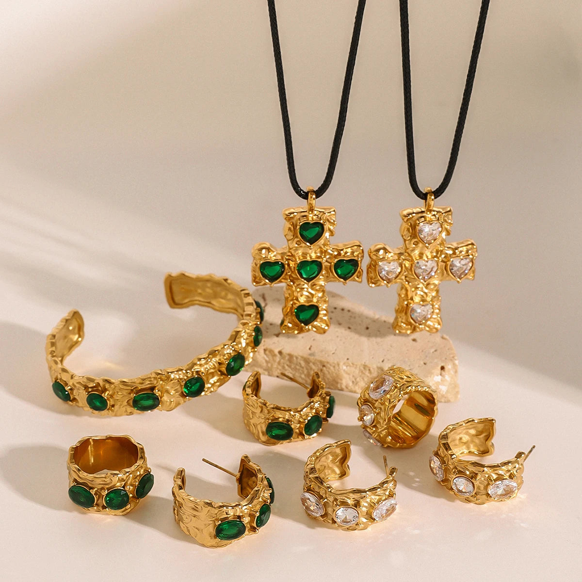 Set Croix Doré Émeraude
