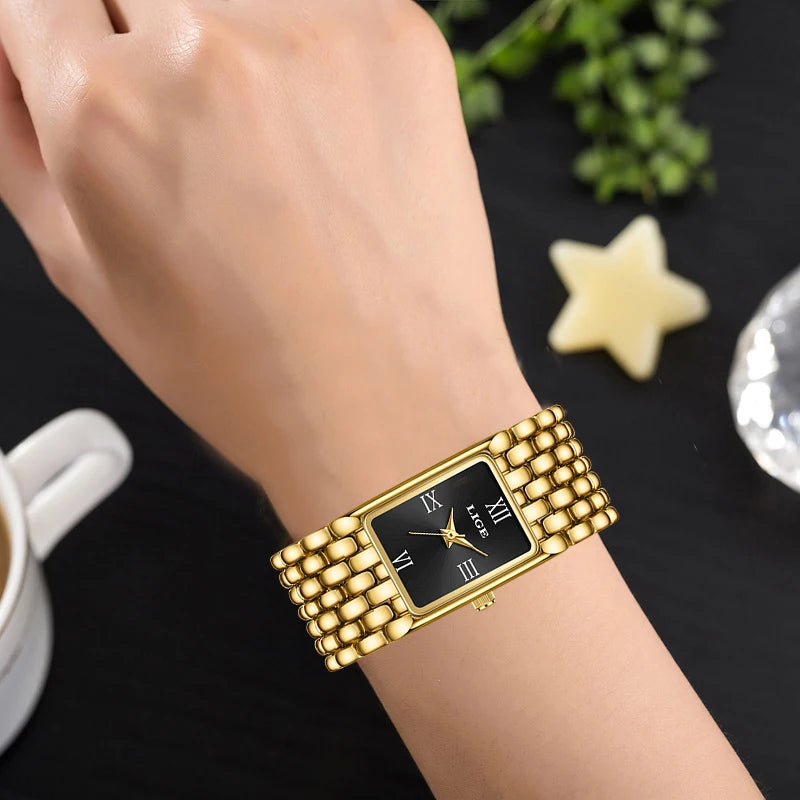 LIGE 2025 Fashion New Gold Women's Watch Luxury Quartz Watch Stainless Steel Bracelet Retro 30M Waterproof Watches Women reloj