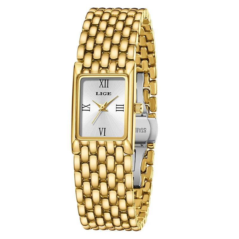 LIGE 2025 Fashion New Gold Women's Watch Luxury Quartz Watch Stainless Steel Bracelet Retro 30M Waterproof Watches Women reloj
