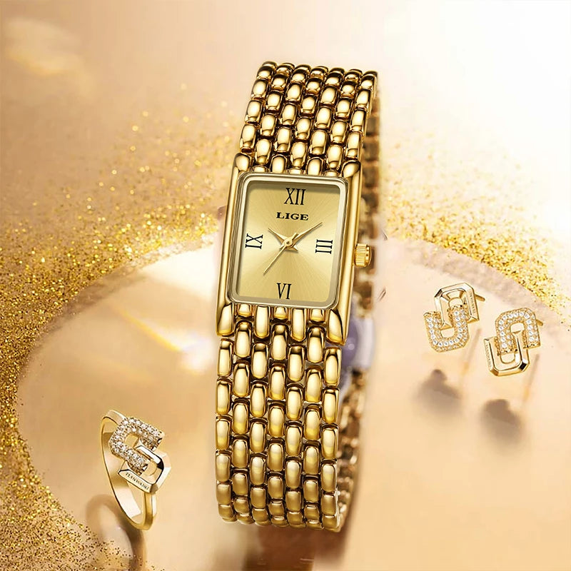 LIGE 2025 Fashion New Gold Women's Watch Luxury Quartz Watch Stainless Steel Bracelet Retro 30M Waterproof Watches Women reloj