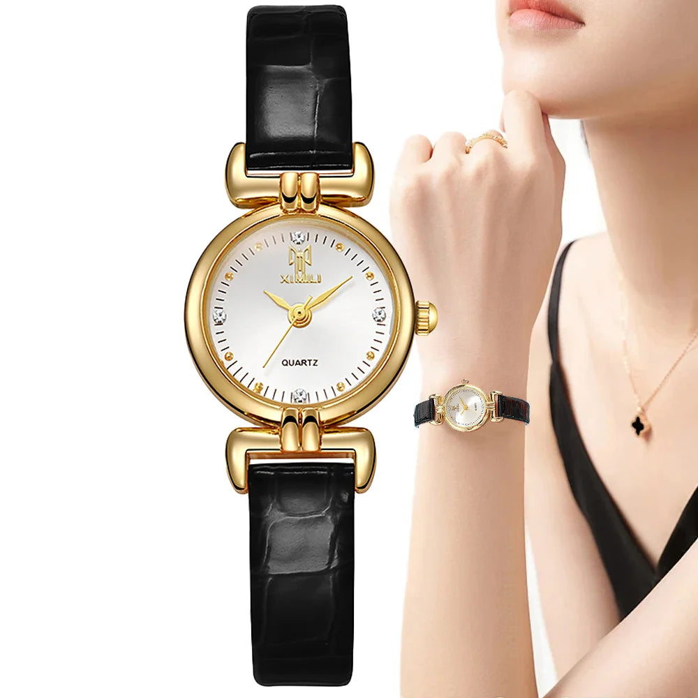 Montre dorée bracelet noir style rétro
