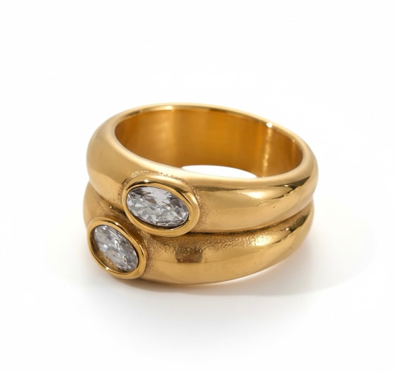 Bague dorée double avec strass ovales