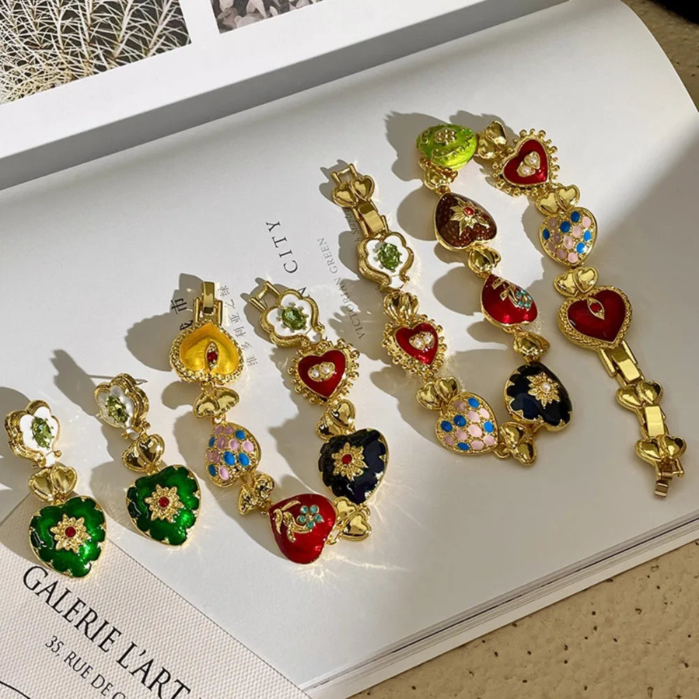 Collier doré cœurs multicolores vintage