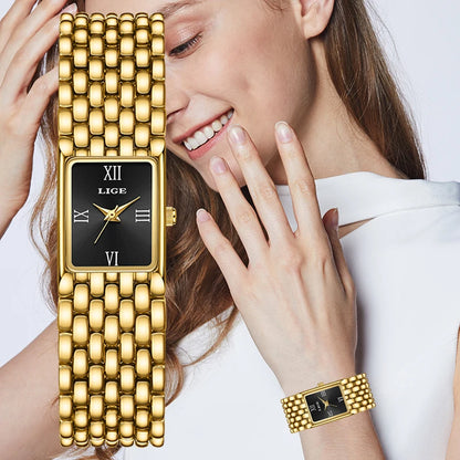 LIGE 2025 Fashion New Gold Women's Watch Luxury Quartz Watch Stainless Steel Bracelet Retro 30M Waterproof Watches Women reloj