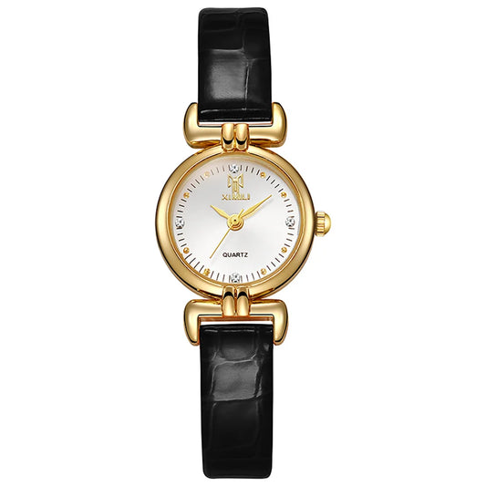 Montre dorée bracelet noir style rétro