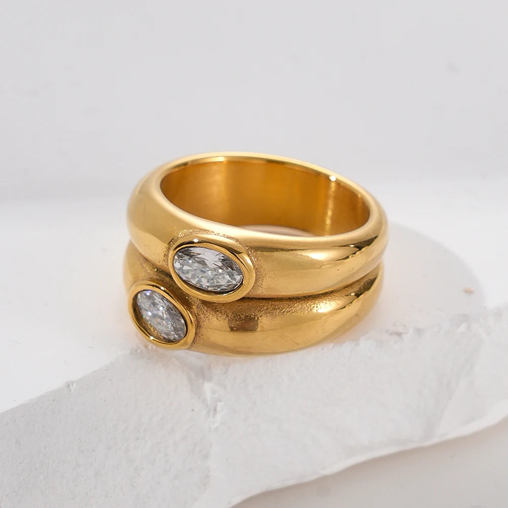 Bague dorée double avec strass ovales